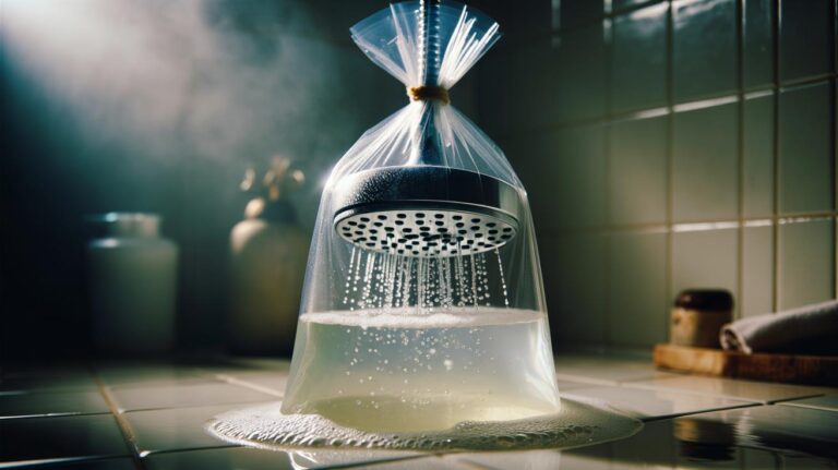 Illustration of a showerhead soaked in white vinegar to dissolve limescale and clear clogged nozzle holes, restoring water pressure