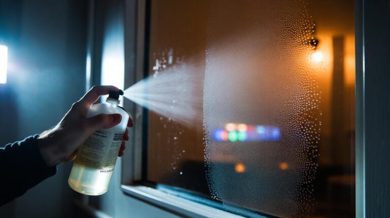 Illustration of a hand spraying a white vinegar solution onto a fogged window to stop steam and clear the glass