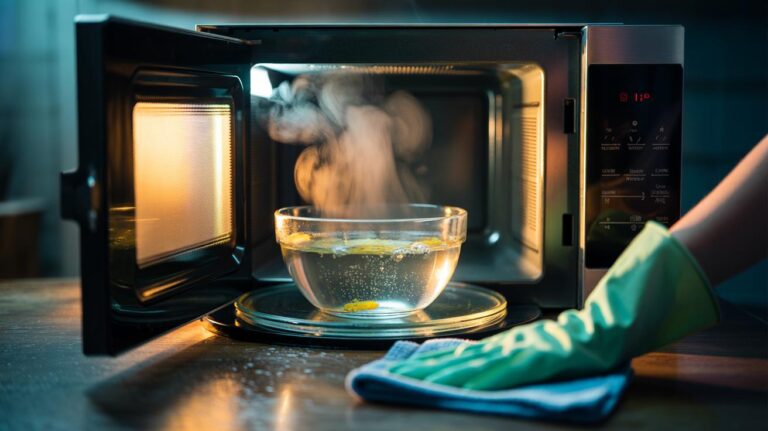 Illustration of a microwave being cleaned with vinegar steam, using a glass bowl of water and white vinegar heating inside to loosen dried food splatters