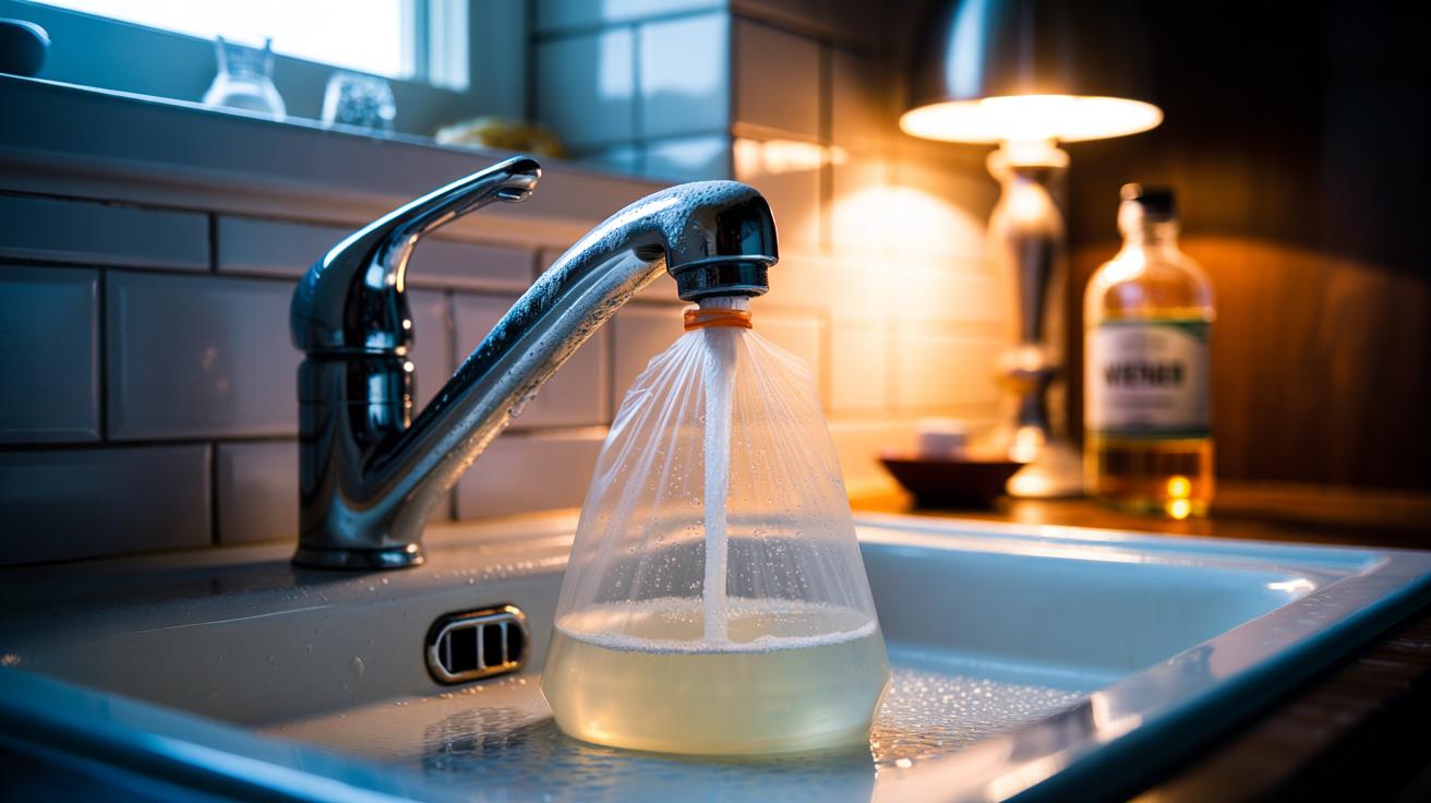 Illustration of a chrome tap with its spout wrapped in a vinegar-filled plastic bag, secured with a rubber band, for overnight limescale removal
