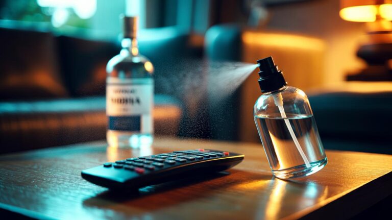 Illustration of a hand using a vodka spray to disinfect a TV remote control