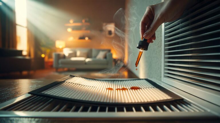 Illustration of essential oil being applied to a furnace filter to diffuse fragrance through a home HVAC system