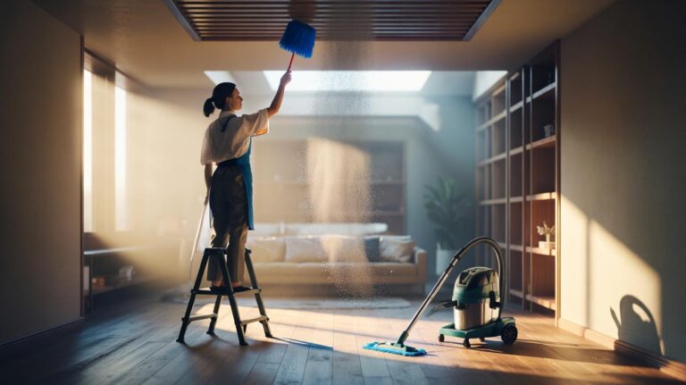 Illustration of a professional housekeeper cleaning a room from top to bottom, dusting high areas before finishing with the floor to prevent re-dirtying surfaces