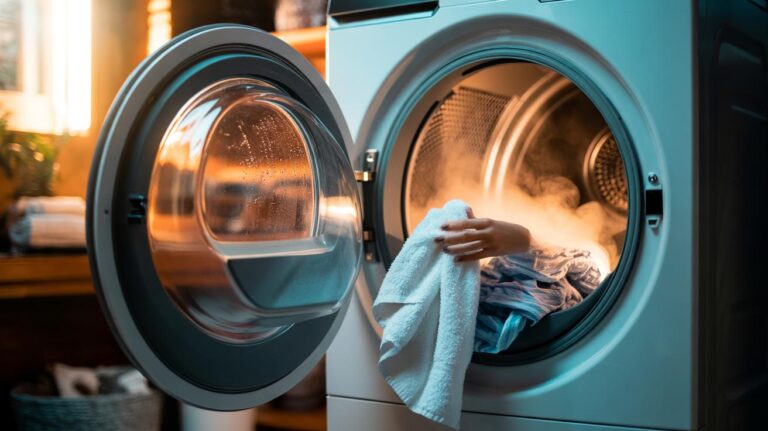 Illustration of a wet towel in a tumble dryer with wrinkled clothes to create steam and smooth creases in five minutes