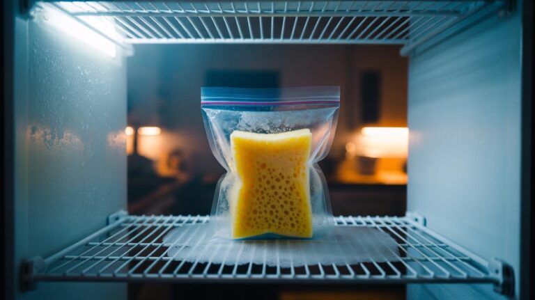 Illustration of a kitchen sponge sealed in a freezer bag placed in a household freezer overnight to reduce bacteria without bleach