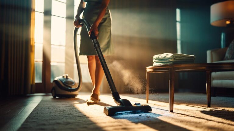 Illustration of a professional housekeeper vacuuming before dusting to cut cleaning time in half and reduce allergens